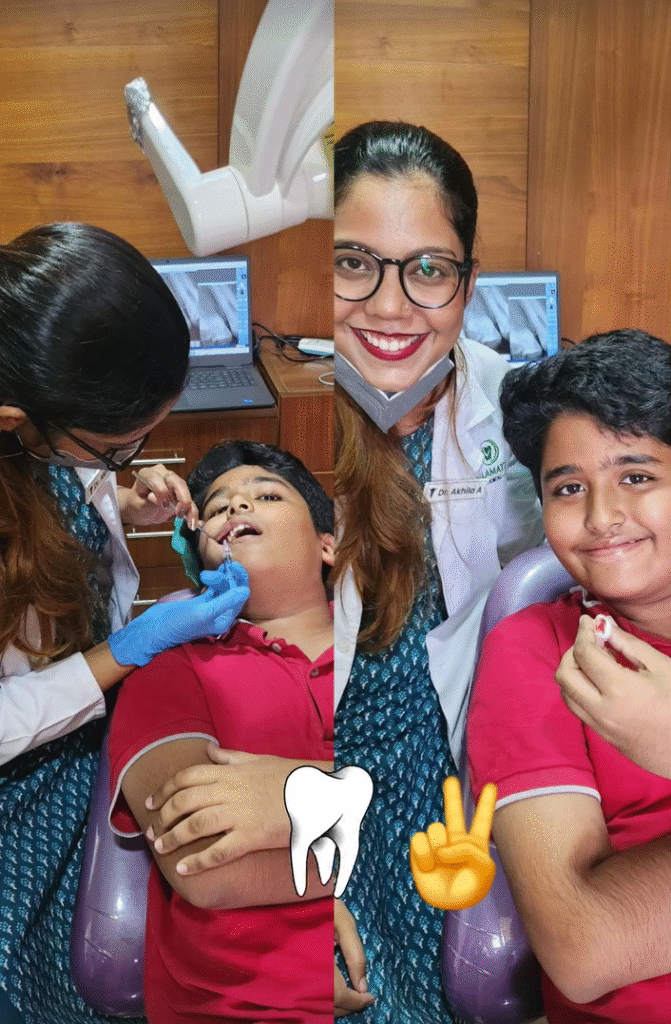 Dr Akhila Ashraf with a Pediatric Patient Timmy During Dental Cleanup Procedure at Vallamattam Dental Clinic Kakkanad