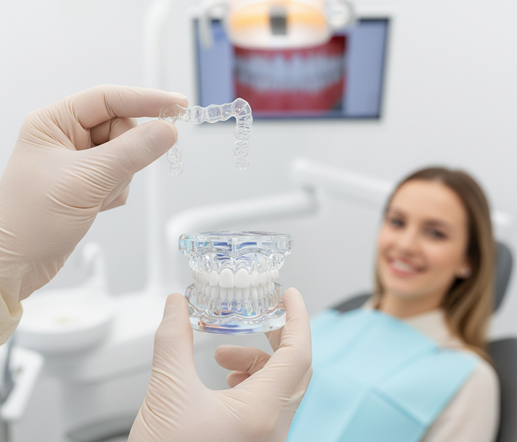 Invisalign treatment in process, dentist picking up clear aligners