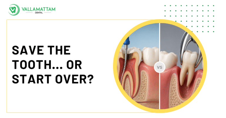 Side-by-side medical model comparing root canal therapy with tooth extraction