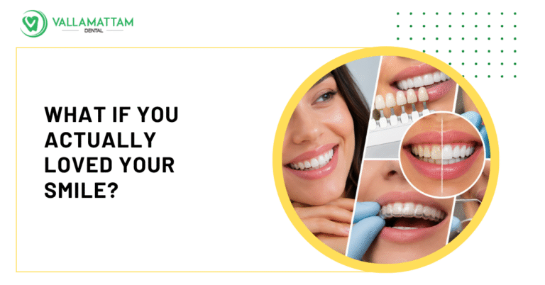 Collage of cosmetic dentistry procedures including shade matching, whitening comparison, and clear aligners
